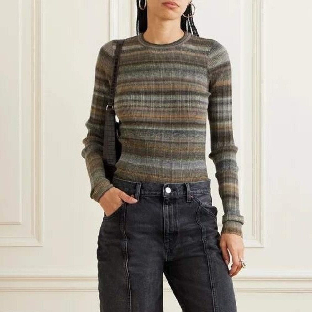 RE/DONE Sweater Top Womens Sz XS 100% Wool Grey Space Dye Ribbed Knit Jumper